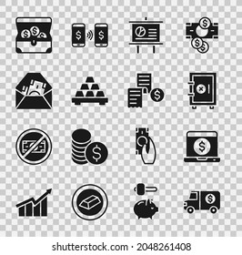 Set Armored truck, Laptop with dollar, Safe, Chalkboard diagram, Gold bars, Envelope symbol, Treasure chest and Paper financial check icon. Vector