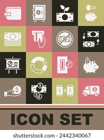 Set Armored truck, Piggy bank with coin, Money exchange, plant the pot, Credit card inserted, Stacks paper money cash, Wallet and No icon. Vector