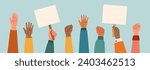 Set of arms raised up, hands with banners, isolated on a white background. Concept of struggle for rights. Concept of racial diversity.