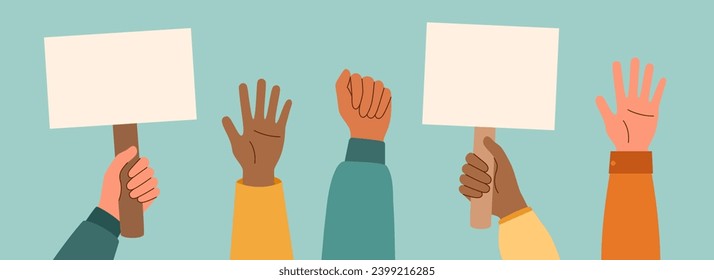 Set of arms raised up, hands with banners, isolated on a white background. Concept of struggle for rights. Concept of racial diversity.