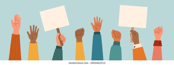 Set of arms raised up, hands with banners, isolated on a white background. Concept of struggle for rights. Concept of racial diversity.