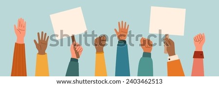 Set of arms raised up, hands with banners, isolated on a white background. Concept of struggle for rights. Concept of racial diversity.