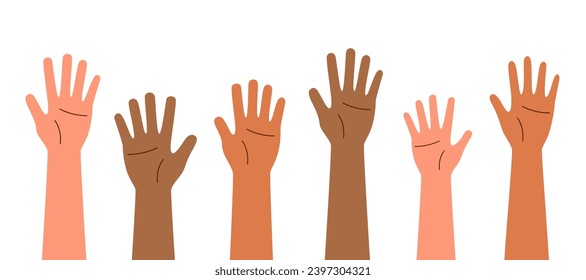 Set of arms raised up, isolated on a white background. Concept of struggle for rights. Concept of multinationality. 