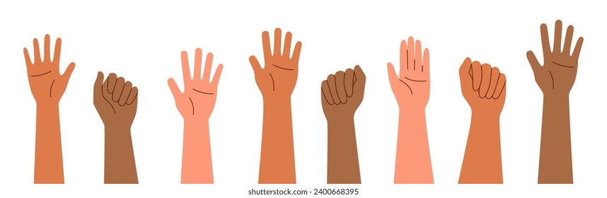 Set of arms raised up, isolated on a white background. Concept of struggle for rights. Concept of racial diversity.	