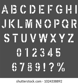 Set of army alphabet font. Stencil type letters and numbers. Stock vector illustration.