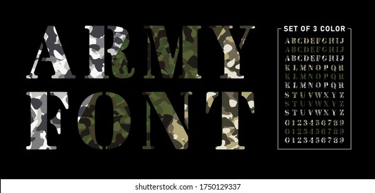 Set of army alphabets in 3 colors. Set of letter and numbers with camouflage background. Camouflage military stencil font isolated on black background. Vector illustration