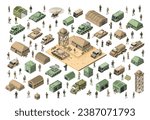 Set of army armed  troop isometric armed military transport objects and war combat equipment force  graphic elements tank  machine 3D illustration
