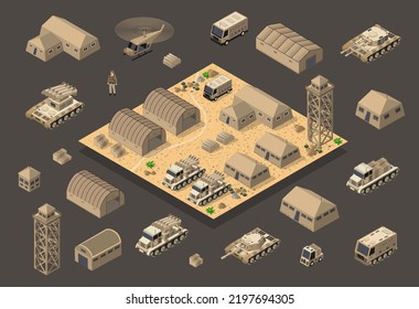 Set Of Army Armed  Troop Isometric Armed Military Transport Objects And War Combat Equipment Force  Graphic Elements Tank  Machine 3D Illustration