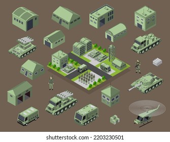 Set Of Army Armed  Troop Isometric Armed Military Transport Objects And War Combat Equipment Force  Graphic Elements Tank  Machine 3D Illustration