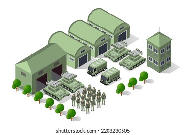 Set Of Army Armed  Troop Isometric Armed Military Transport Objects And War Combat Equipment Force  Graphic Elements Tank  Machine 3D Illustration