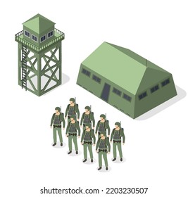 Conjunto de tropas armadas de ejército: objetos isométricos de transporte militar armado y equipo de combate de guerra; elementos gráficos de la fuerza de combate; ilustración 3D