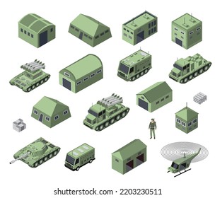 Set Of Army Armed  Troop Isometric Armed Military Transport Objects And War Combat Equipment Force  Graphic Elements Tank  Machine 3D Illustration