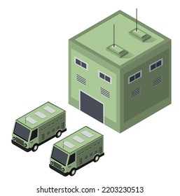 Conjunto de tropas armadas de ejército: objetos isométricos de transporte militar armado y equipo de combate de guerra; elementos gráficos de la fuerza de combate; ilustración 3D