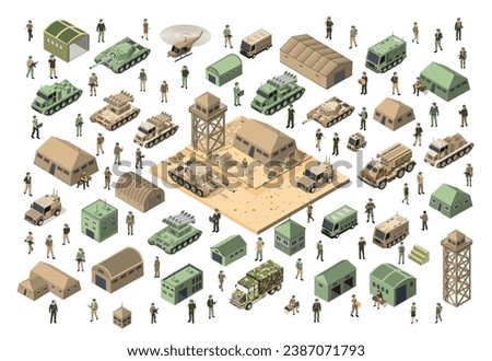 Set of army armed  troop isometric armed military transport objects and war combat equipment force  graphic elements tank  machine 3D illustration