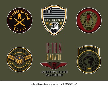 Set of army badge typography, t-shirt graphics, vectors