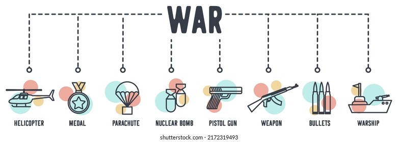 Juego de banner de icono web del ejército. helicóptero, medalla, paracaídas, bomba nuclear, pistola, arma, concepto de ilustración vectorial de las balas.