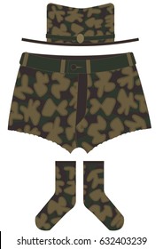 Set of army clothes of camouflage material. Hat, shorts and socks in forest structure