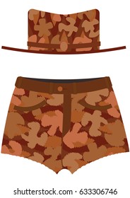 Set of army clothes of camouflage material. Hat, shorts in brick structure 
