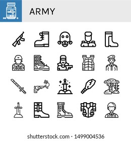 Set of army icons such as Ammo, Assault rifle, Boots, Gas mask, Military, Soldier, Boot, Shooter, Bulletproof vest, Katana, Gun, Sword, Weapon, Camouflage, Armour, Officer , army