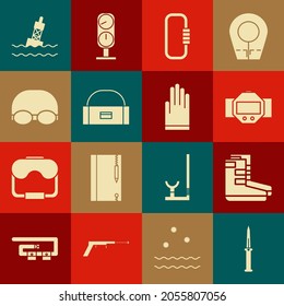 Set Army knife, Boots, Diving watch, Carabiner, Case or box container for wobbler, Glasses and cap swimming, Floating buoy the sea and Gloves icon. Vector