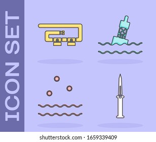 Set Army knife, Diving belt, Cold and waves and Floating buoy on the sea icon. Vector