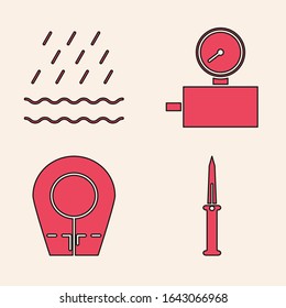Set Army knife, Rain and waves, Gauge scale and Diving hood icon. Vector