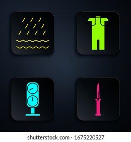 Set Army knife, Rain and waves, Gauge scale and Wetsuit for scuba diving. Black square button. Vector