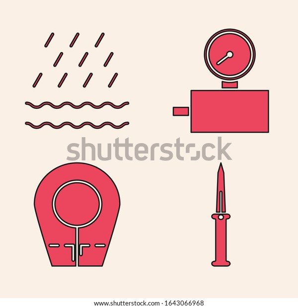 Set Army knife, Rain and waves, Gauge scale and\
Diving hood icon. Vector