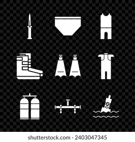 Set Army knife, Swimming trunks, Wetsuit for scuba diving, Aqualung, Manifold, Floating buoy on the sea, Boots and Rubber flippers swimming icon. Vector