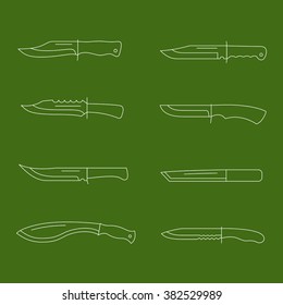 Set of army knives icons, thin line style, typical combat knife, stock vector illustration