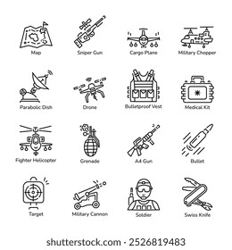Conjunto de iconos de estilo lineal del ejército  

