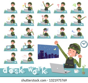 A set of Army Men on desk work.There are various actions such as feelings and fatigue.It's vector art so it's easy to edit.