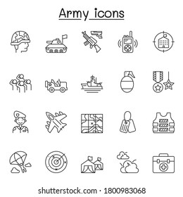 Conjunto de Iconos de Línea de Vectores Relacionados con el Ejército. Contiene íconos como soldados, tanques, acorazados, aviones a reacción, guerra, ataque, invasión, bomba, rifle, radar y más.
