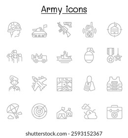 Set of Army Related Vector Line icon. Contains such icon as soldier, tank, battleship, jet plane, war, attack, invade, bomb, rifle, radar and more.