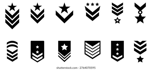 Set of army sergeant silhouette icons. Officer chevron badges with stars. Soldier rank icons with officer, constable badge insignia, sergeant, major, colonel emblem and more. Military badge symbol.