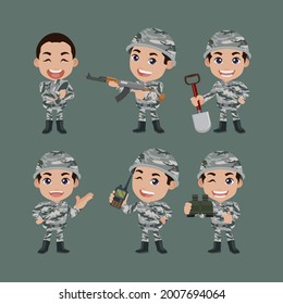 Set of army soldiers man in uniform with difference action