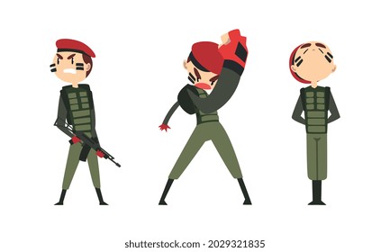 Set of Army Soldiers, Men in Camouflage Combat Uniform and Red Beret Fighting Cartoon Vector Illustration