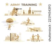 Set of army training illustrations. Soldiers running, jumping, making press-ups, jumping with a parachute, combating, shooting from the rifle. War practice, exercise. Military training in the camp.