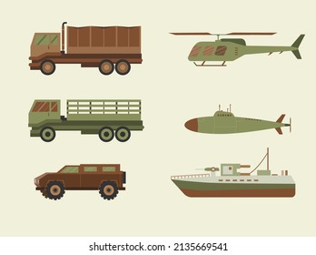 Conjunto de vehículos de combate de transporte del ejército recogida con tanques vehículos militares, Equipo para la guerra, Ilustraciones de vectores.