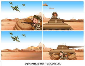 Set of army and war scenes illustration