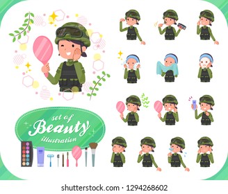A set of Army women on beauty.There are various actions such as skin care and makeup.It's vector art so it's easy to edit.