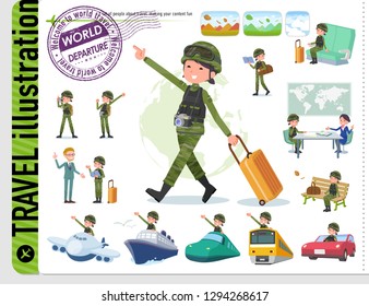 A set of Army women on travel.There are also vehicles such as boats and airplanes.It's vector art so it's easy to edit.