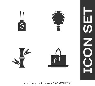 Set Aroma candle, diffuser, Bamboo and Sauna broom icon. Vector