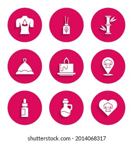 Set Aroma candle, Essential oil bottle, Massage, Sauna hat, Bamboo and with aroma oils icon. Vector