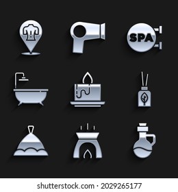 Set Aroma candle, Essential oil bottle, diffuser, Sauna hat, Bathtub, Spa salon and Massage icon. Vector