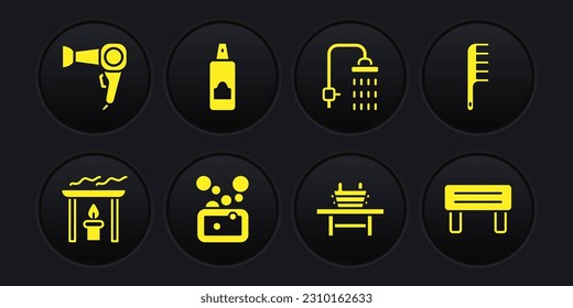 Set Aroma candle, Hairbrush, Bar of soap, Sauna bench with bucket, Shower, Spray for hairspray, wood and dryer icon. Vector