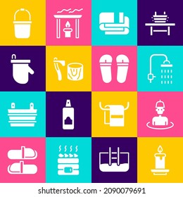 Set Aroma candle, Man in the sauna, Shower, Towel stack, Wooden axe stump, Sauna mittens, bucket and Flip flops icon. Vector