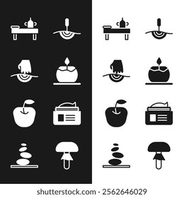 Set Aroma candle, Massage, table with oil, Acupuncture therapy, Apple, Ointment cream tube, Mushroom and Stack hot stones icon. Vector