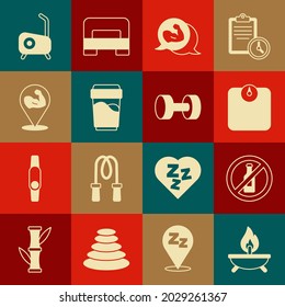 Set Aroma candle, No alcohol, Bathroom scales, Bodybuilder muscle, Glass with water, Stationary bicycle and Dumbbell icon. Vector