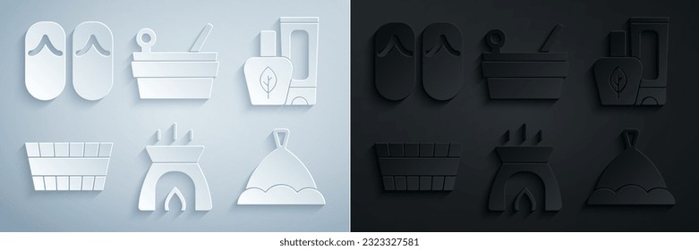 Set Aroma candle, Ointment cream tube, Sauna bucket, hat, ladle and Flip flops icon. Vector